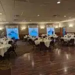 Empty banquet hall with tables set