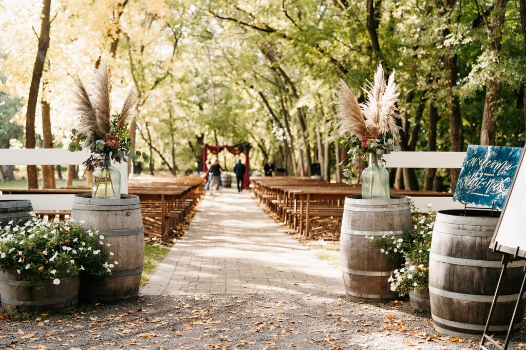 Outdoor wedding setup with decorations.